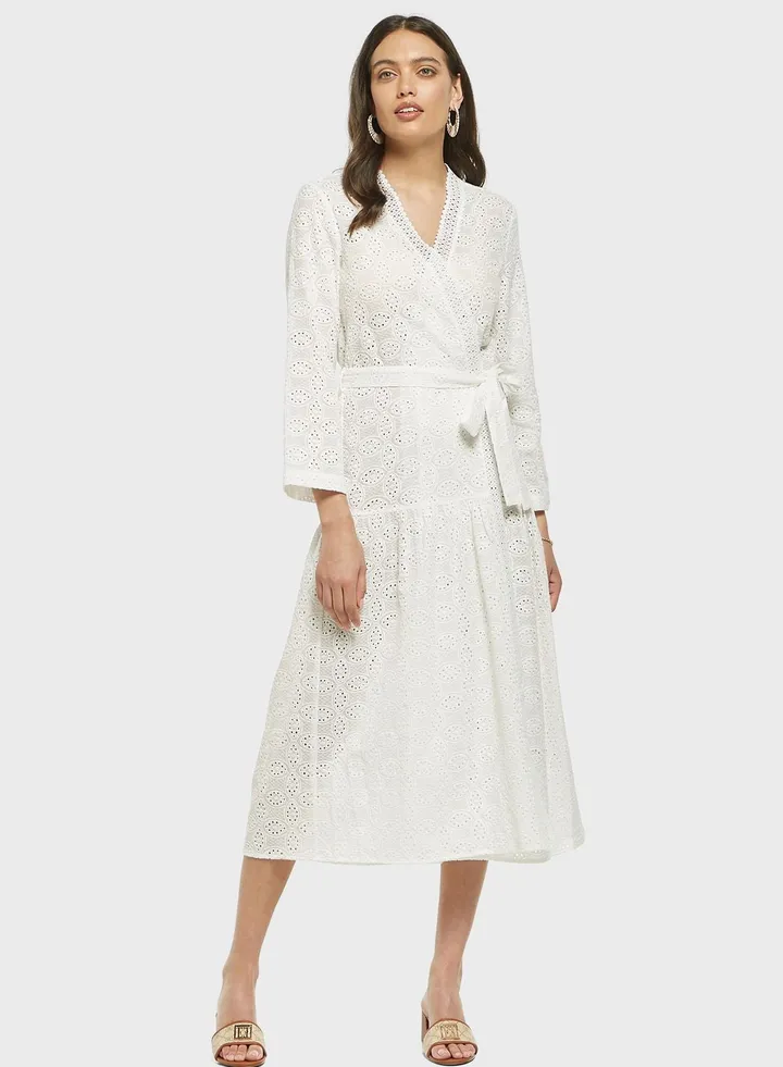 Tie Detailed Open Work Tiered Wrap Dress