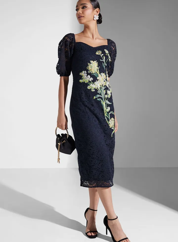 Square Neck Embroidered Dress