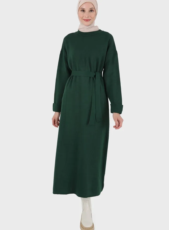 Belted Round Neck Dress