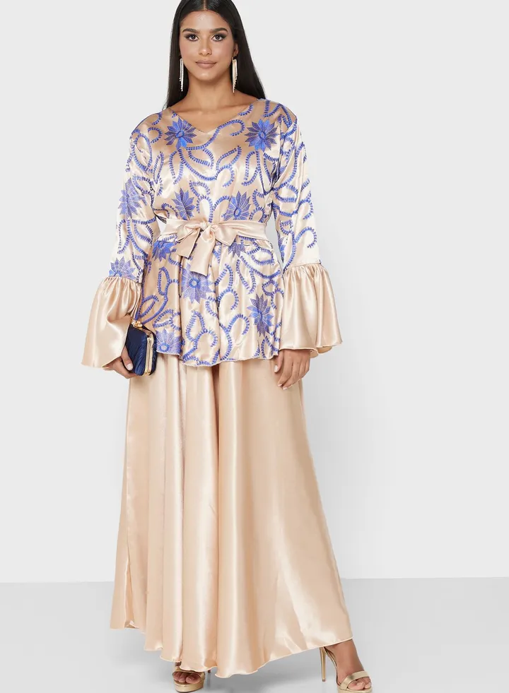 Ruffle Sleeve Embellished Plisse Dress