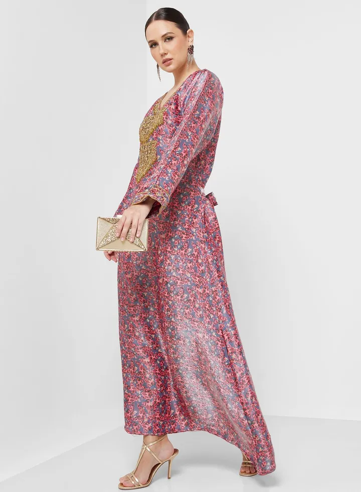 Embellished V- Neck Jalabiya