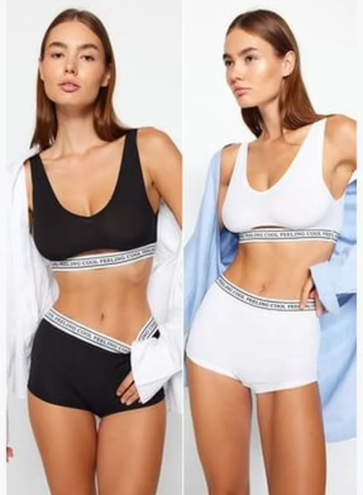 Black and White 2-Pack Ribbons Capless Window/Cut Out Detailed Bralette Bra THMAW24SU00000.