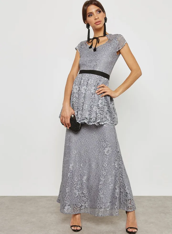 Tie Neck Lace Peplum Dress