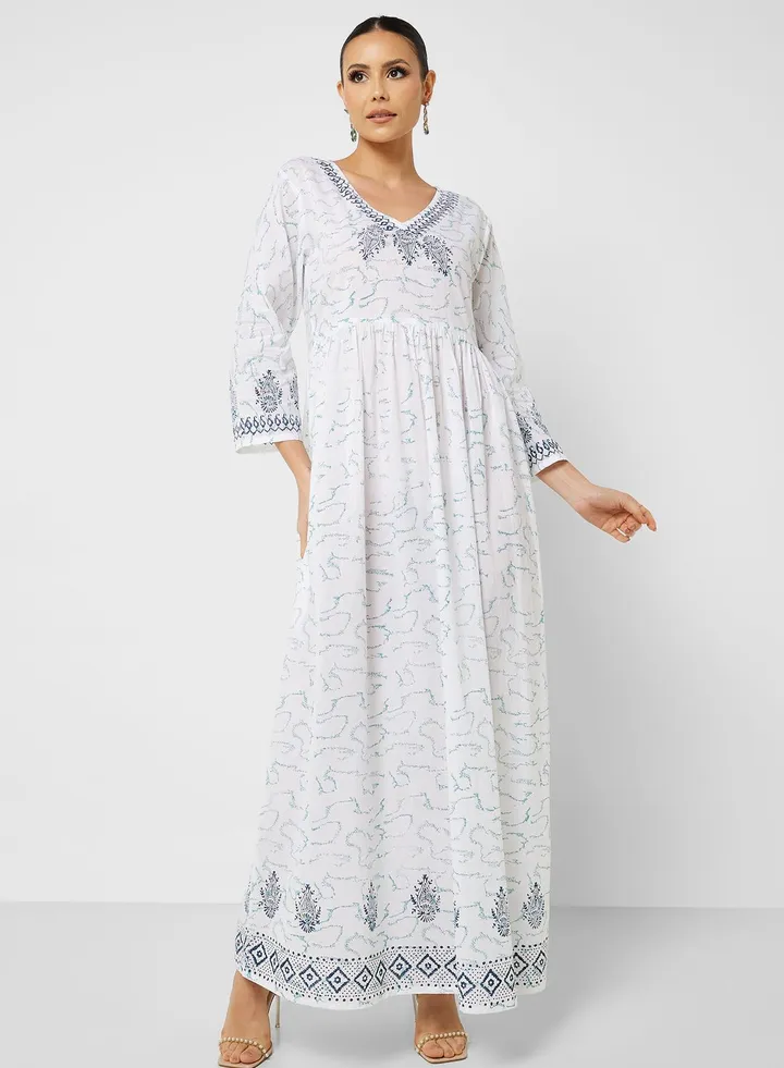 Printed V-Neck Jalabiya