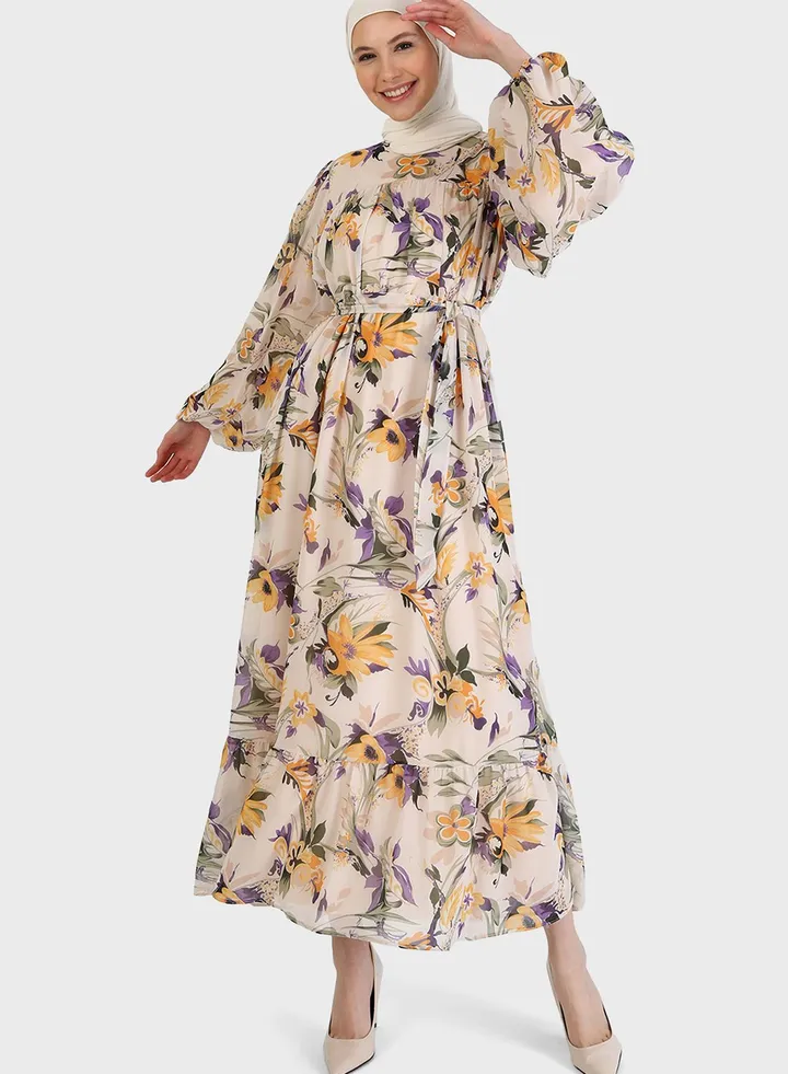 Floral Print Balloon Sleeve Tiered Dress