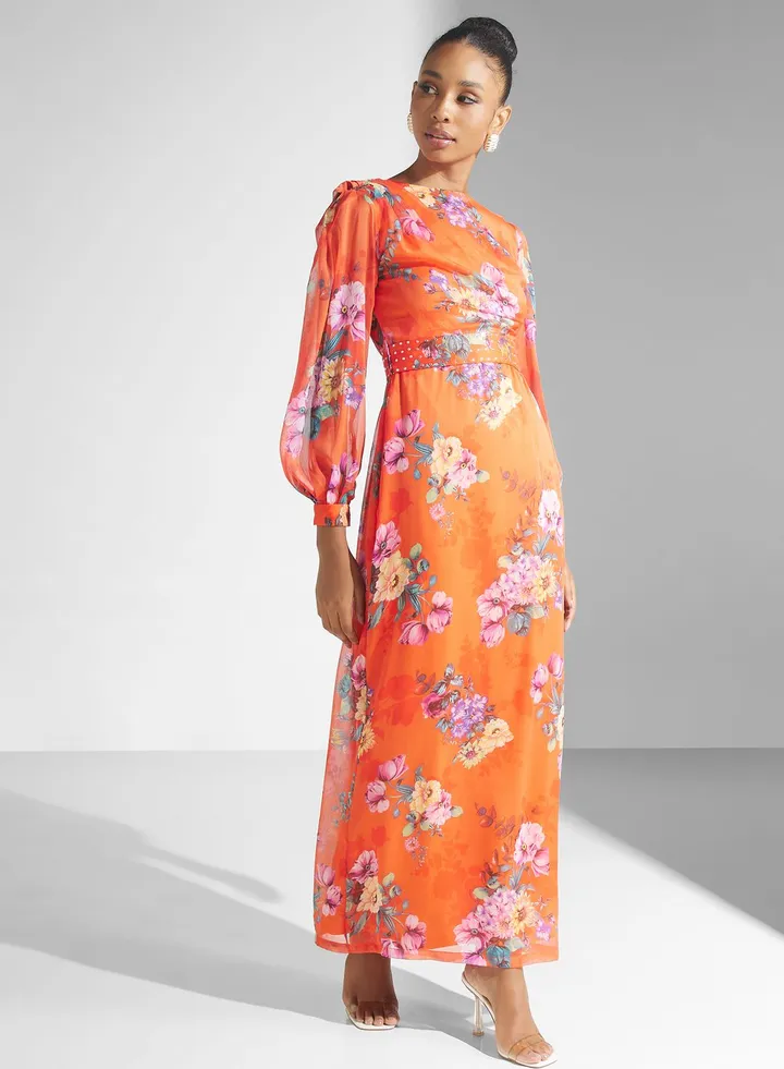 Floral Print Puff Sleeve Belted Dress