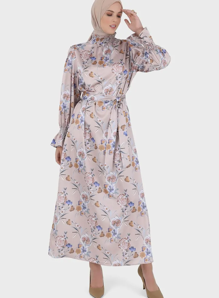 Floral High Neck Shirred Sleeve Dress
