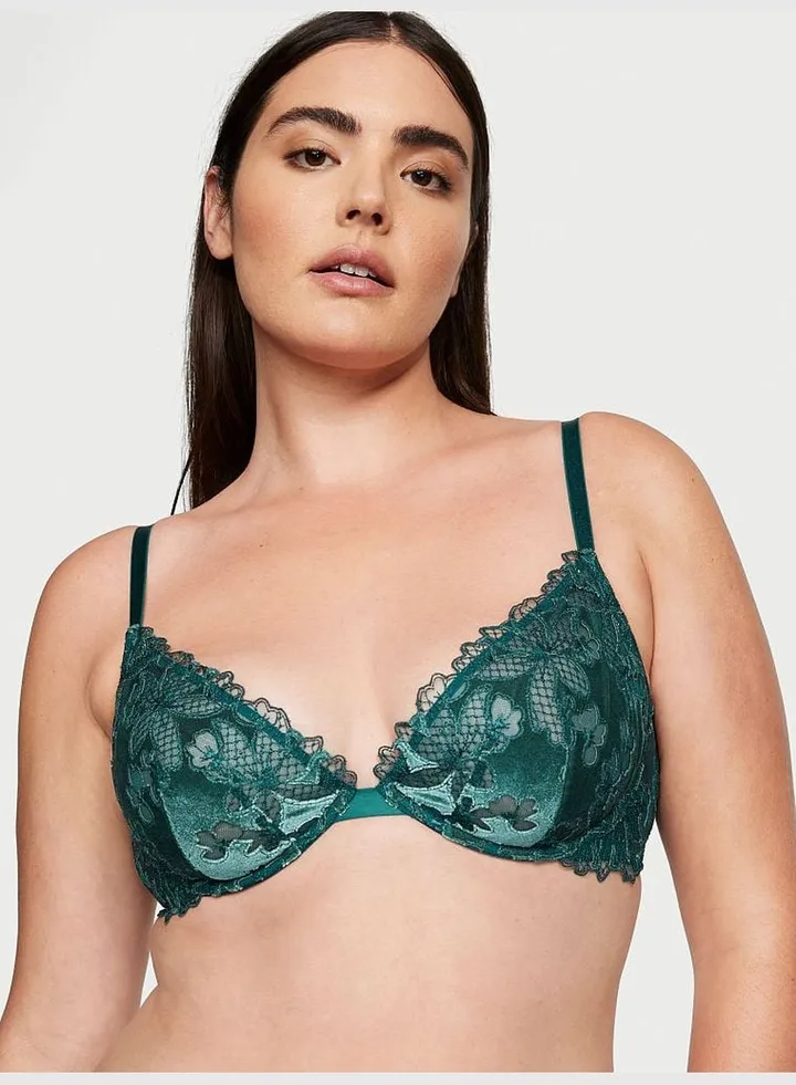 Velvet Floral Embroidery Low-Cut Demi Bra