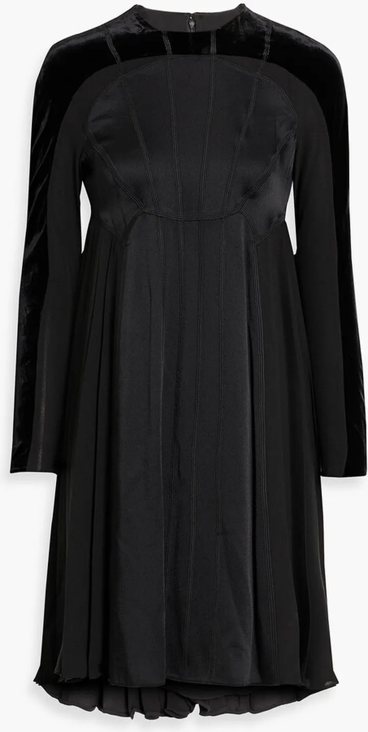 Satin and velvet-paneled pleated silk-crepe mini dress