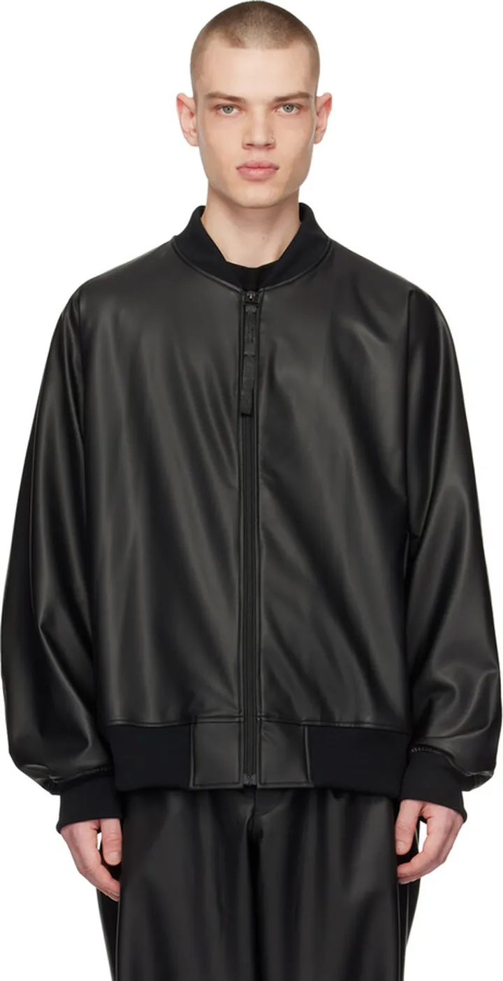 N.Hoolywood Black Zip-Up Faux-Leather Bomber Jacket