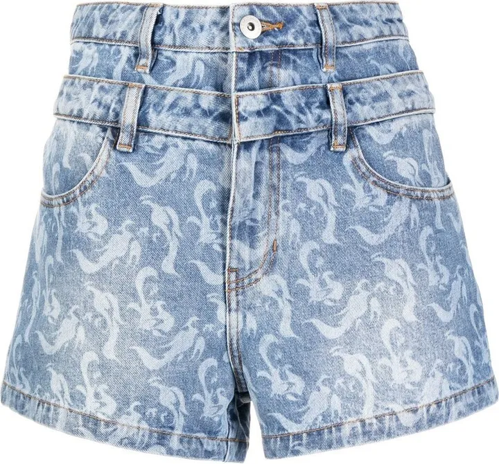 Double-Waistband Printed Denim Shorts