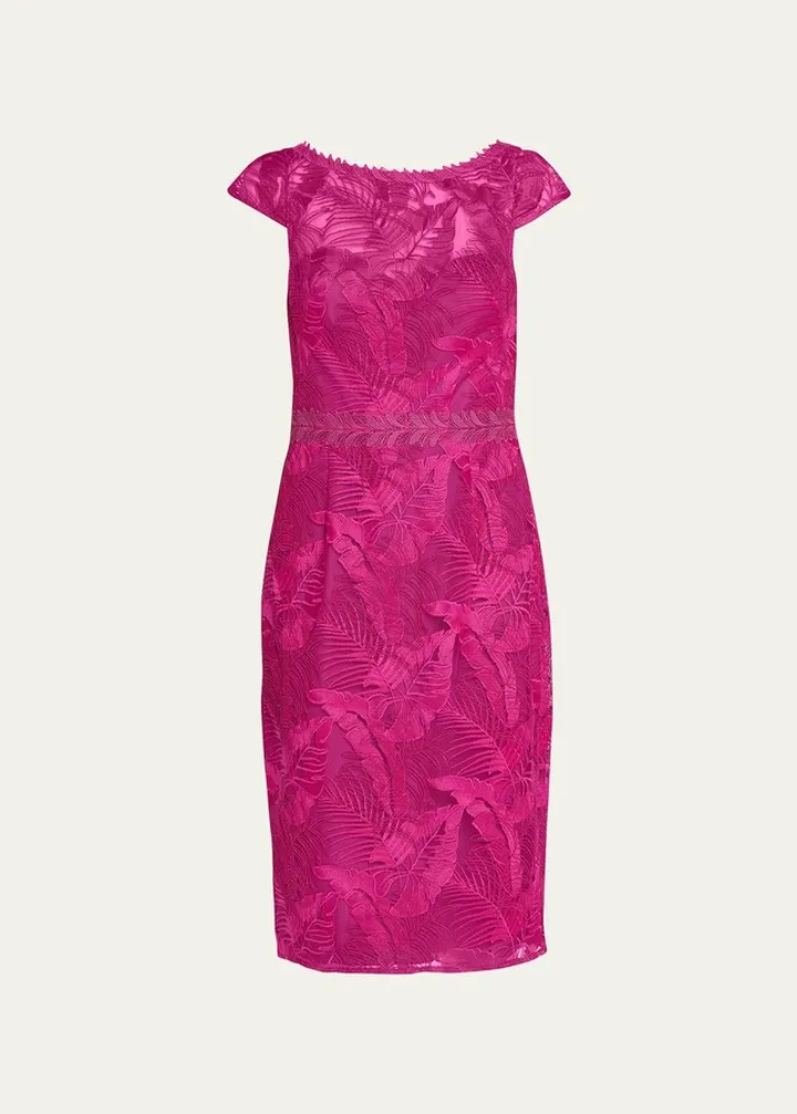 Cap-Sleeve Embroidered Tulle Midi Dress