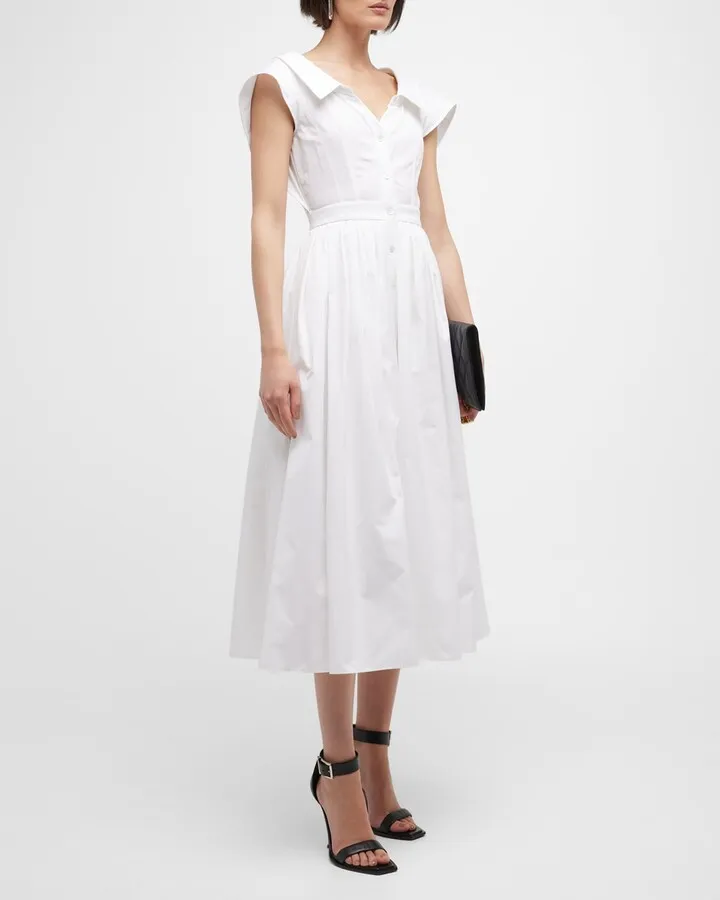 Wing-Sleeve Pleated Poplin Midi Shirtdress