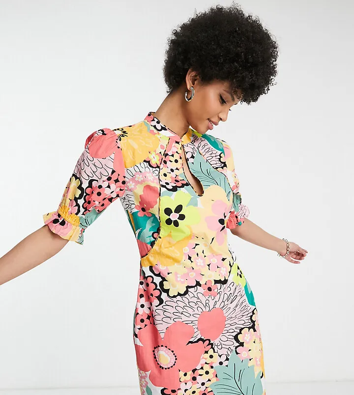 ASOS DESIGN Tall cotton poplin keyhole mini dress in bright floral