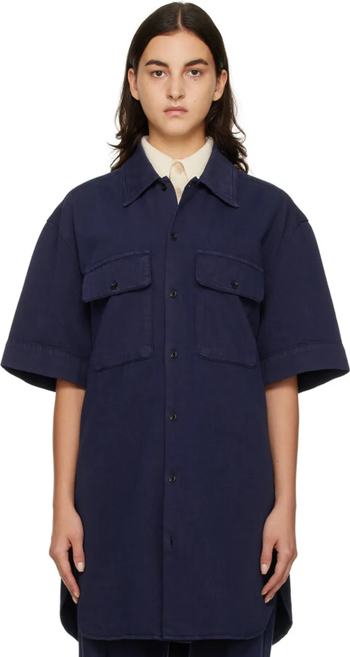 LEMAIRE Navy Short Sleeve Denim Shirt