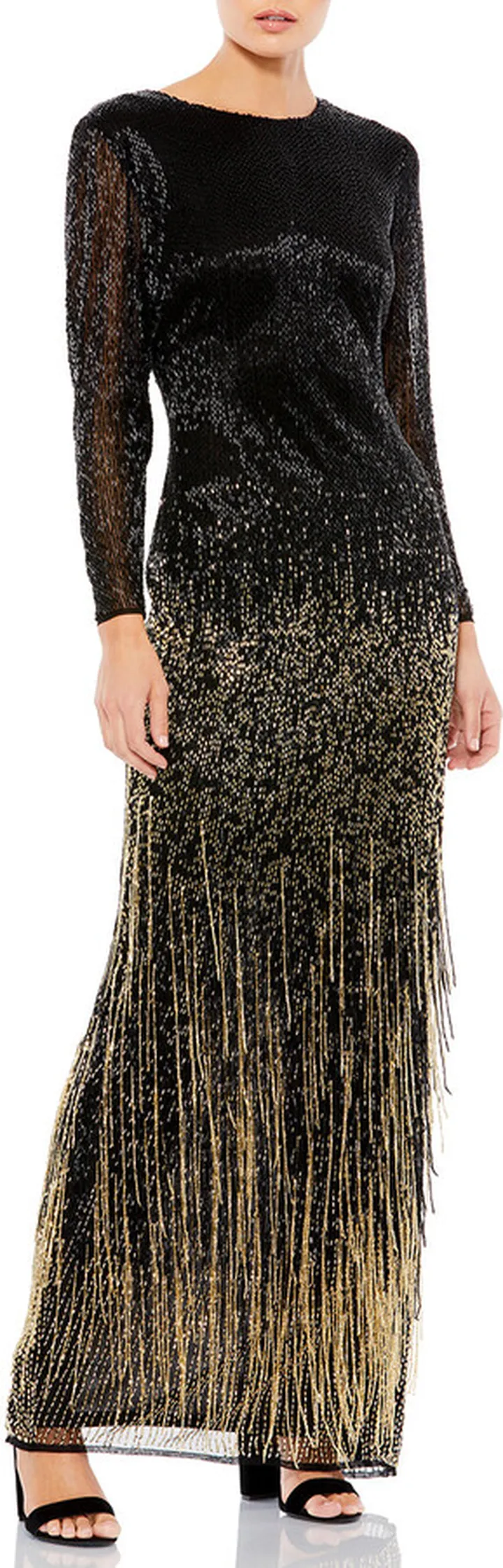 Long Sleeve Beaded Fringe Column Gown