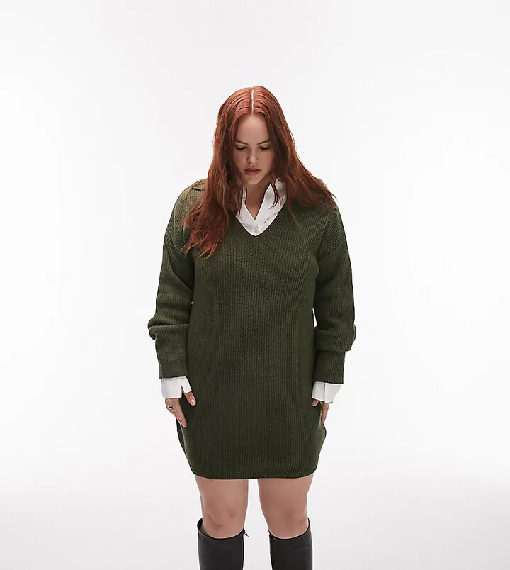 Topshop Curve knitted chuck on collar dress in khaki