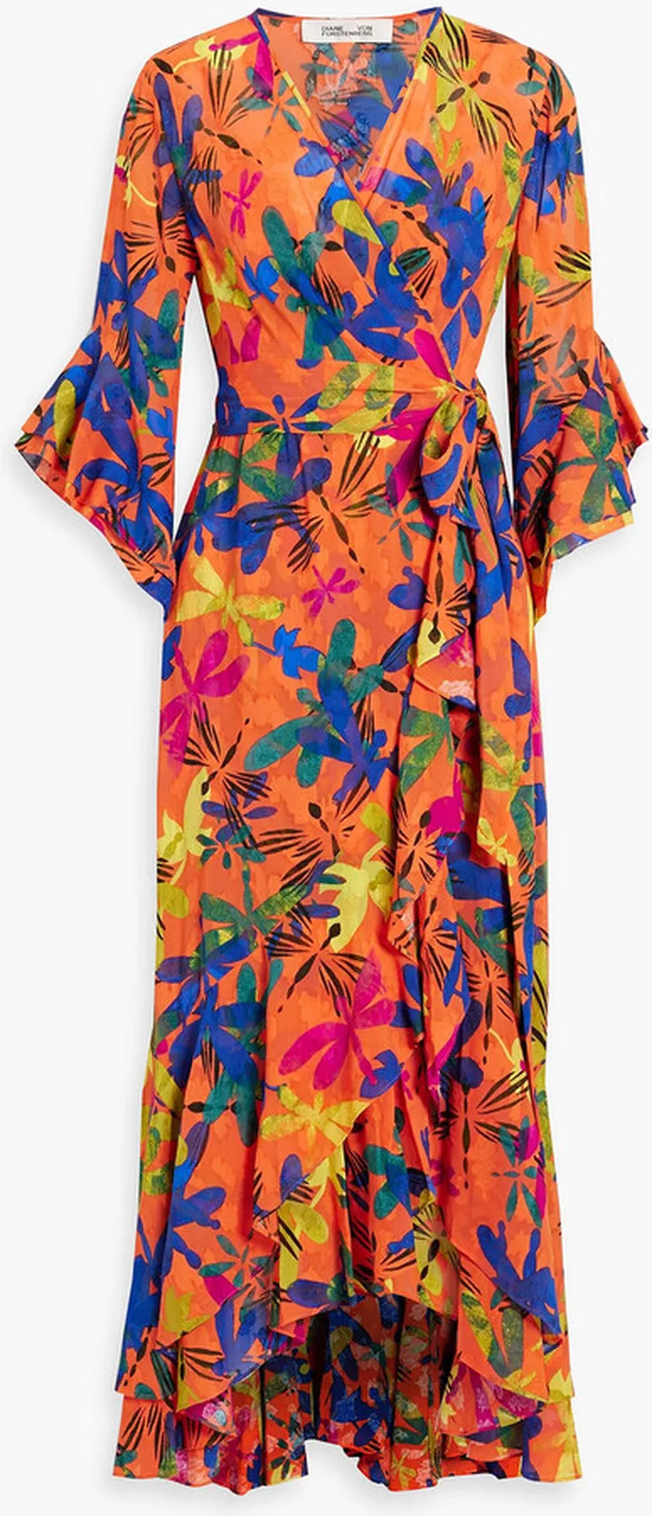 Jean ruffled printed jacquard midi wrap dress