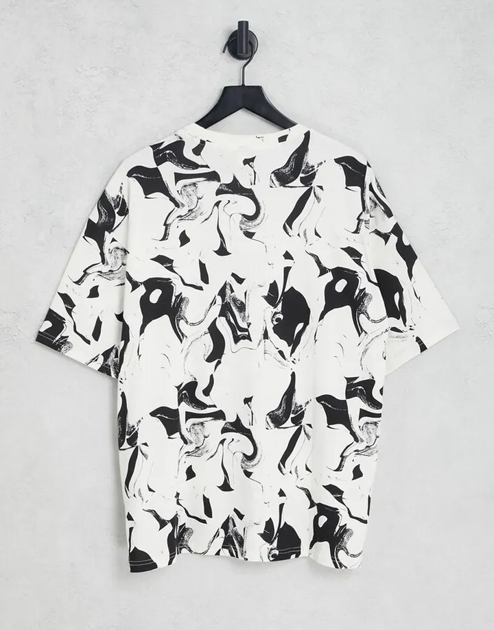 Monki oversized t-shirt in black and beige marble print