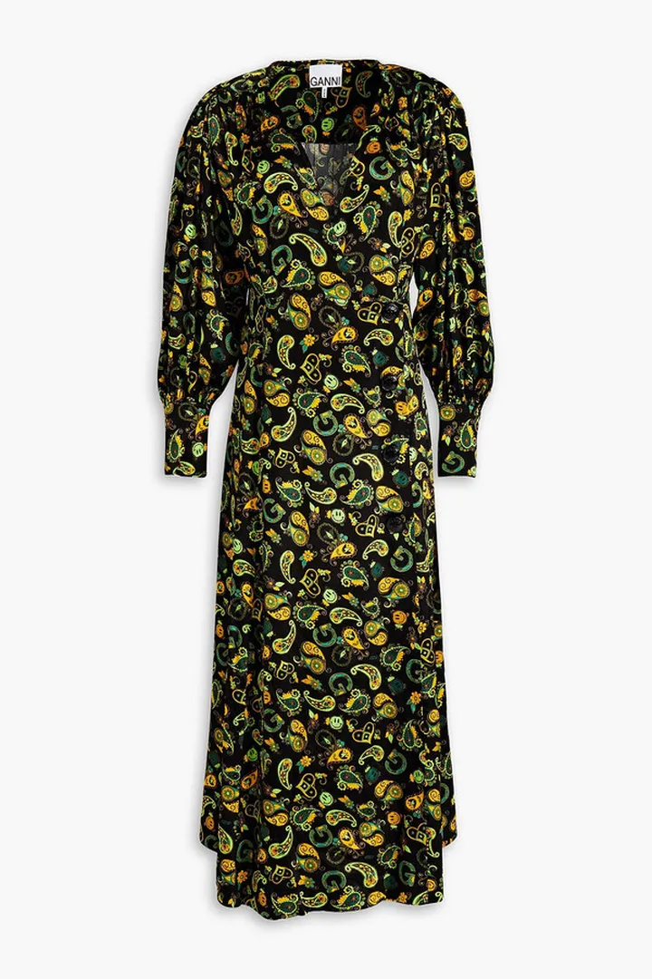 Gathered paisley-print satin-twill midi wrap dress