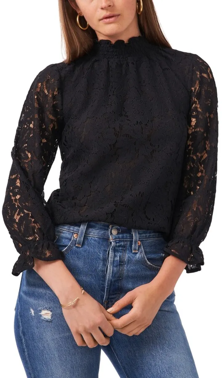 1.state Women's Long Sleeve Smocked Neck Lace Blouse