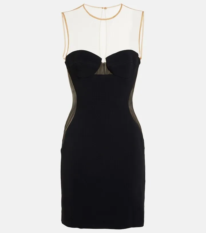 Mesh-paneled crepe minidress