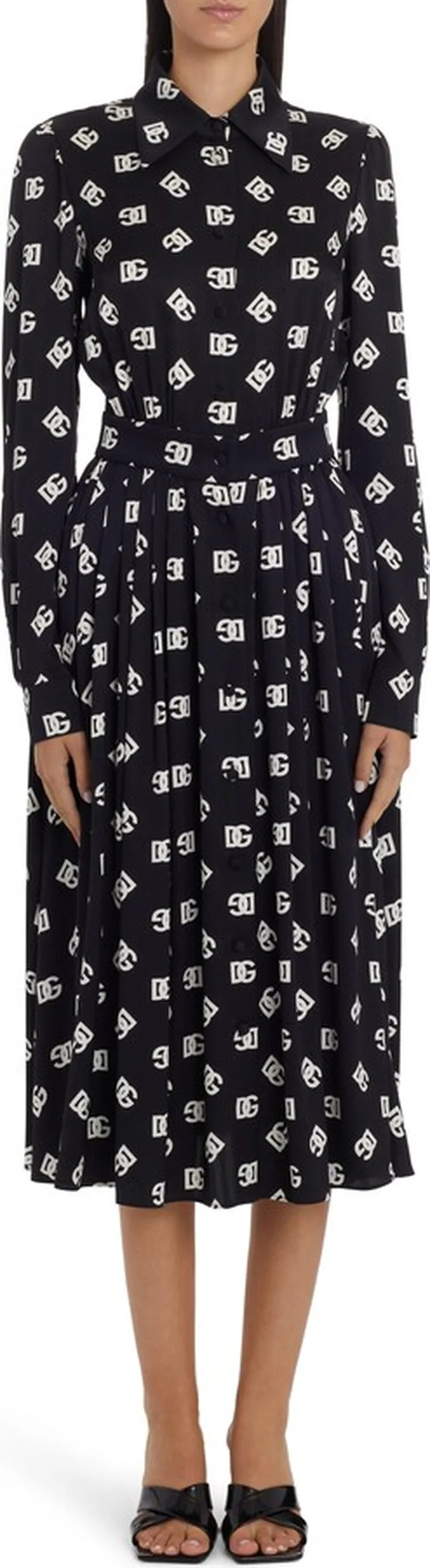 Pleated Monogram Logo Long Sleeve Stretch Silk Charmeuse Midi Dress