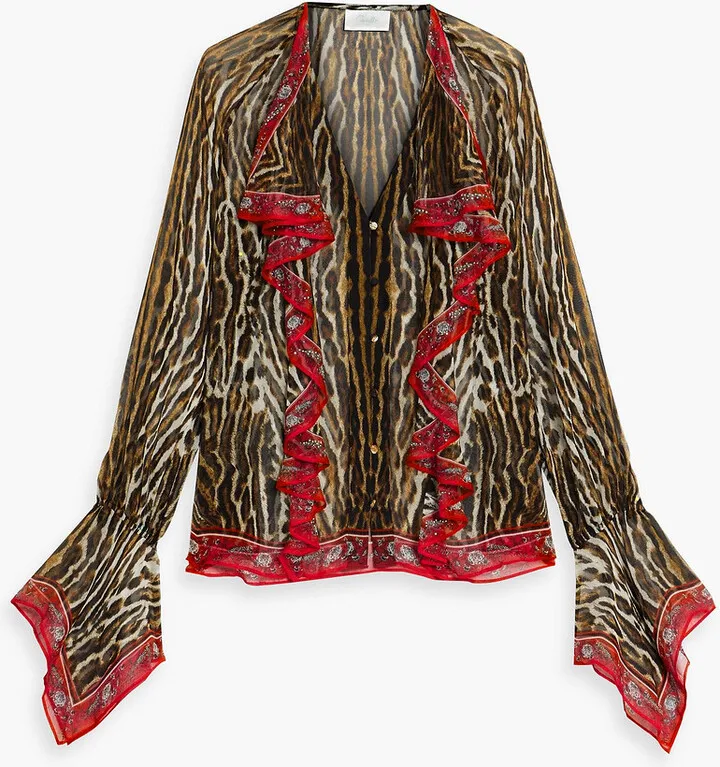 Ruffled printed silk-chiffon blouse