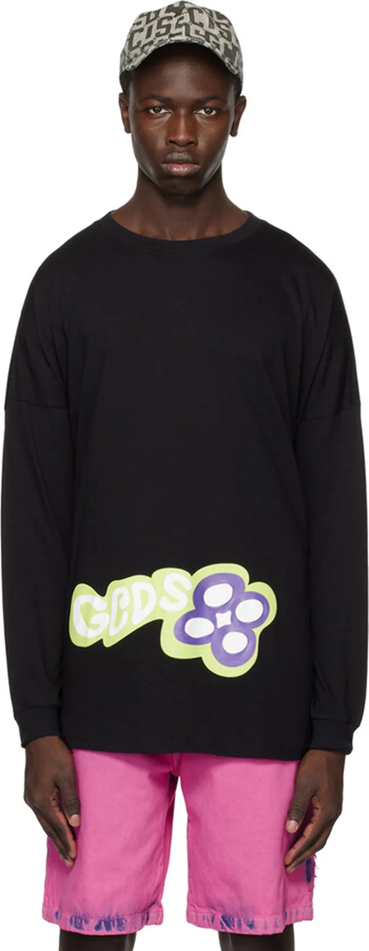 GCDS Black Checkerboard Long Sleeve T-Shirt