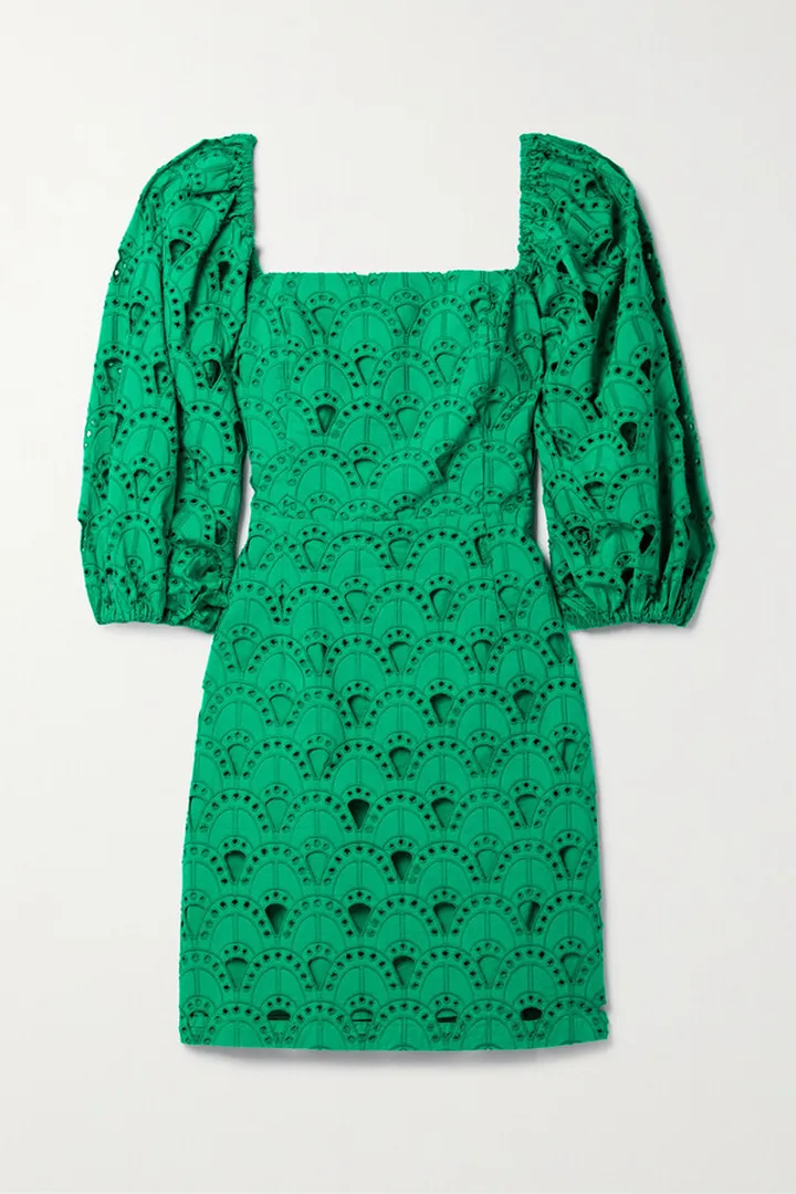 Cara Cara - Montauk Shirred Broderie Anglaise Cotton Mini Dress - Green