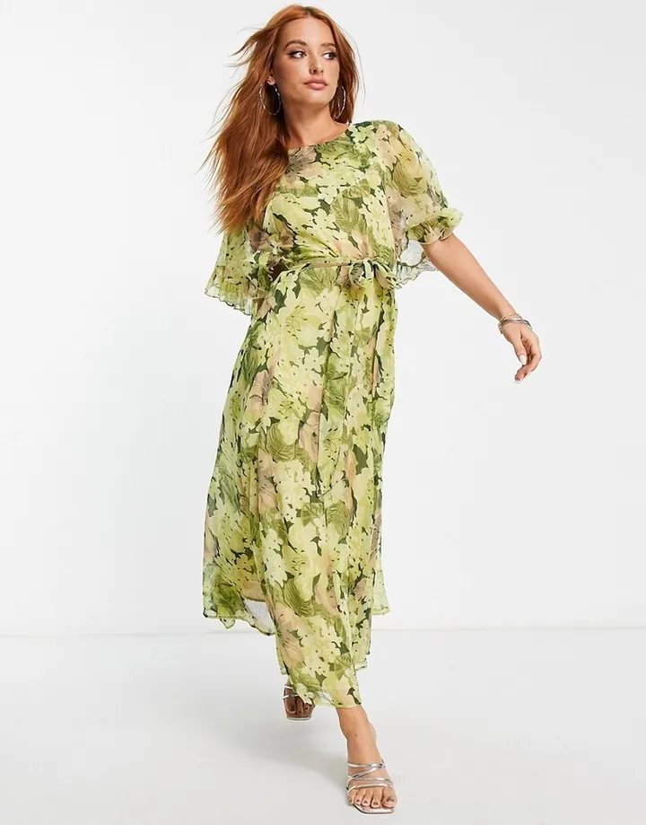 Topshop ruffle belted floral occasion midi dress in green