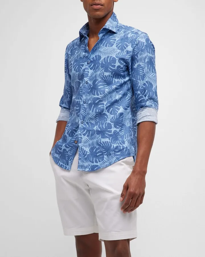 Men's Printed Cotton-Linen Dress Shirt