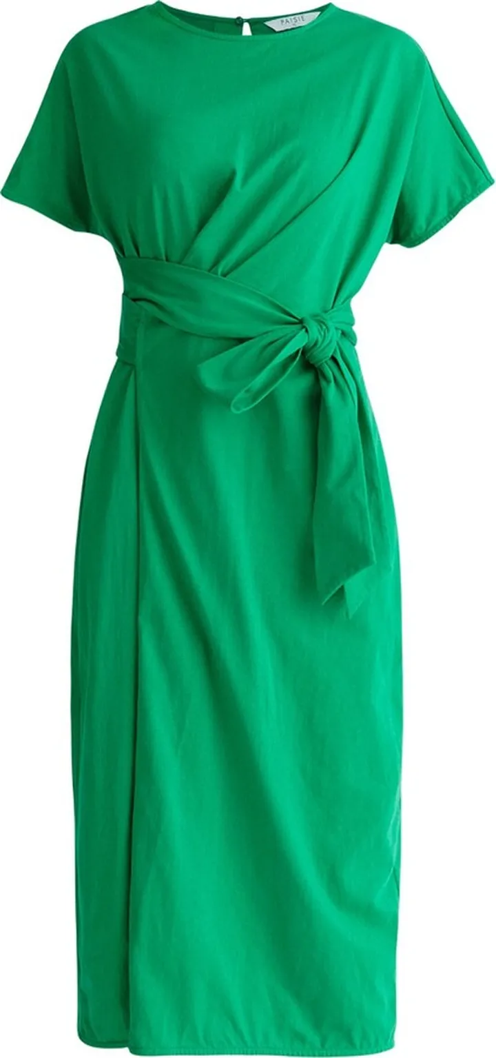 PAISIE - Short Sleeve Waist Tie Jersey Dress - Green