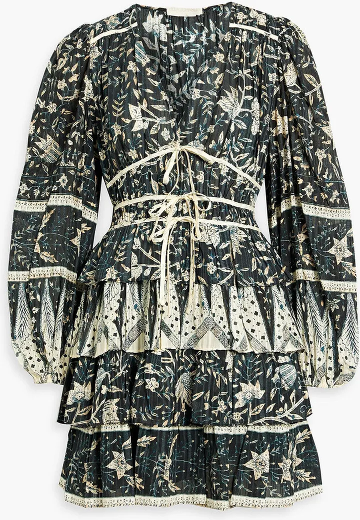 Nina tiered printed cotton-blend voile mini dress