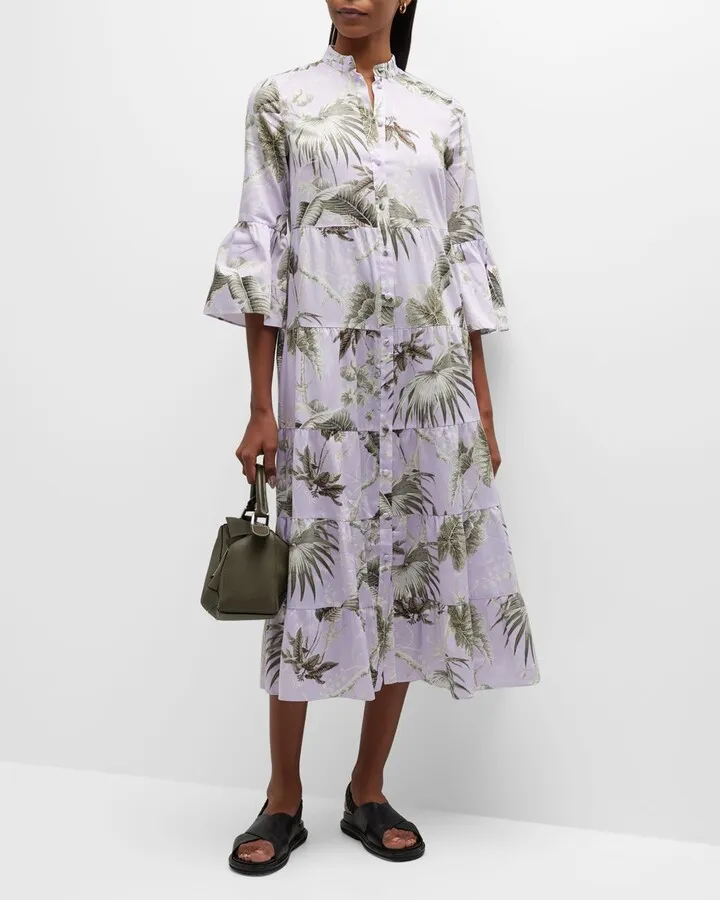 Tiered Frilled-Sleeve Midi Shirtdress