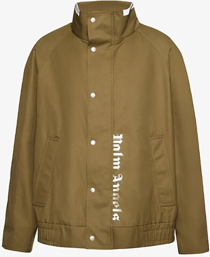Mens Brown Side-logo Funnel-neck Regular-fit Cotton Bomber Jacket