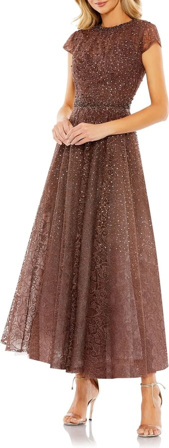Beaded Floral Cap Sleeve Gown