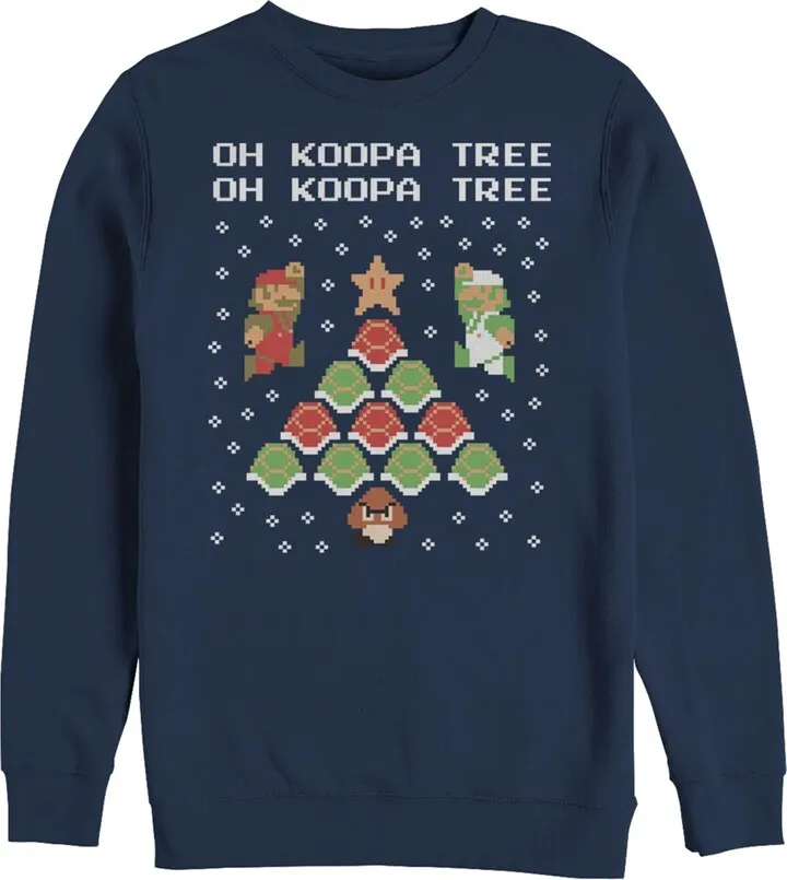 Men's Nintendo Christmas Mario Bros. Koopa Tree Sweatshirt - Navy Blue - 3X Large