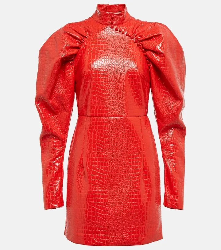 Croc-effect puff-sleeve minidress