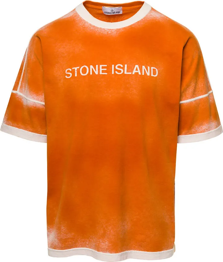 Orange T-shirt With Logo Print And Fade Effect In Cotton Man