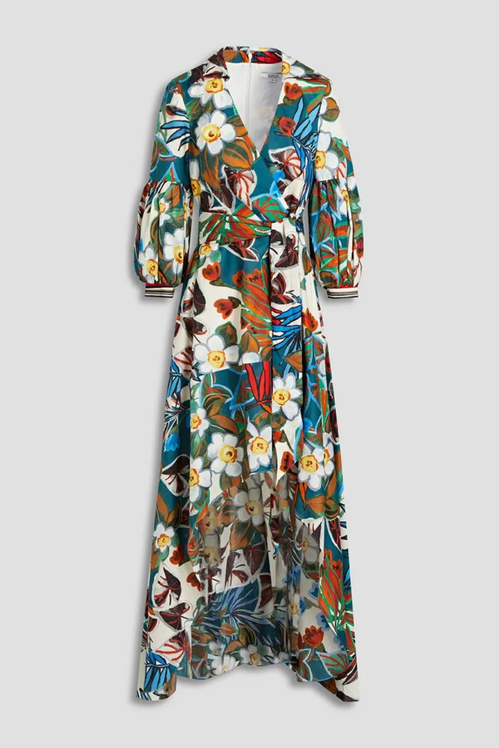 Asymmetric floral-print cotton-poplin dress