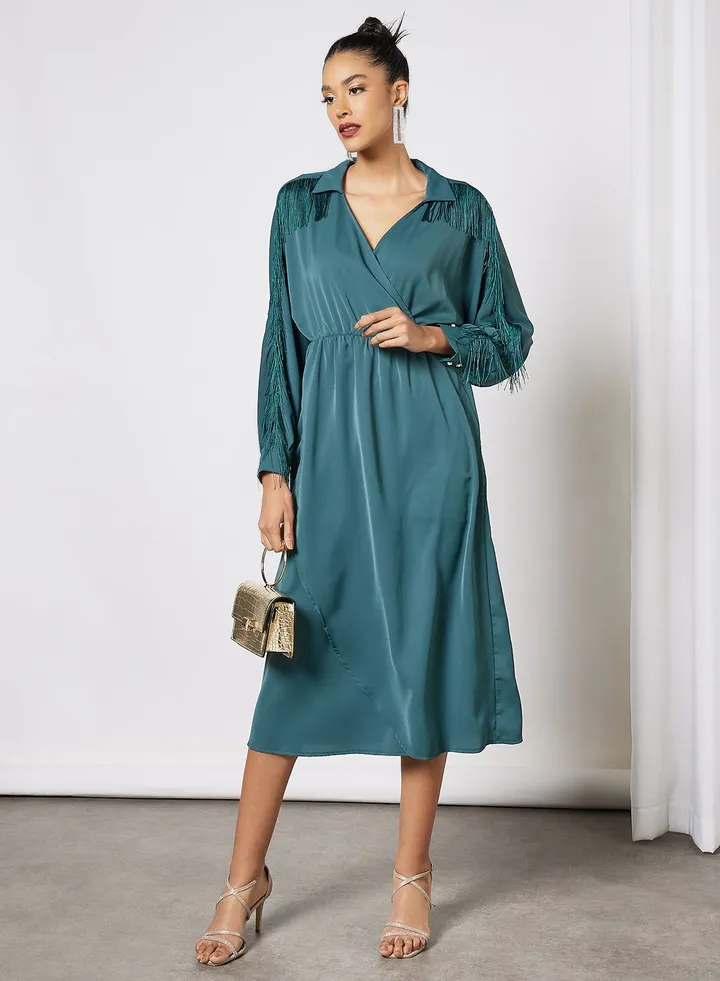 Fringe Detail Midi Dress Green