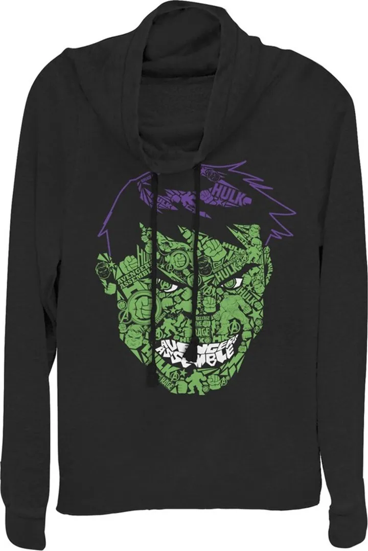 Junior's Marvel Hulk Angry Face Build Up Fill Cowl Neck Sweatshirt - Black - X Small