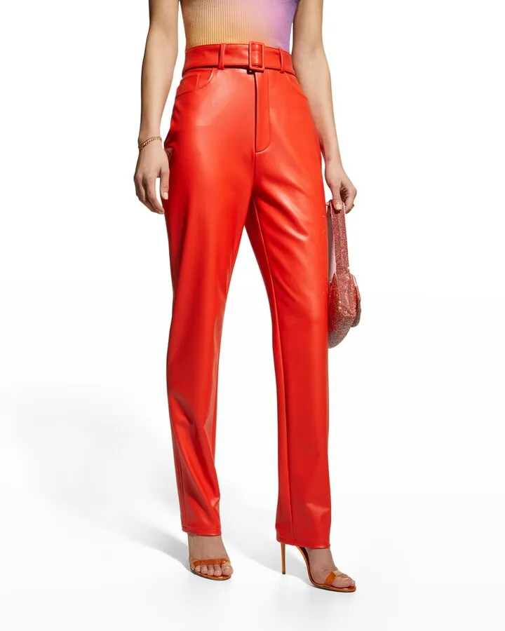 Belted Faux Leather Slim-Leg Pants