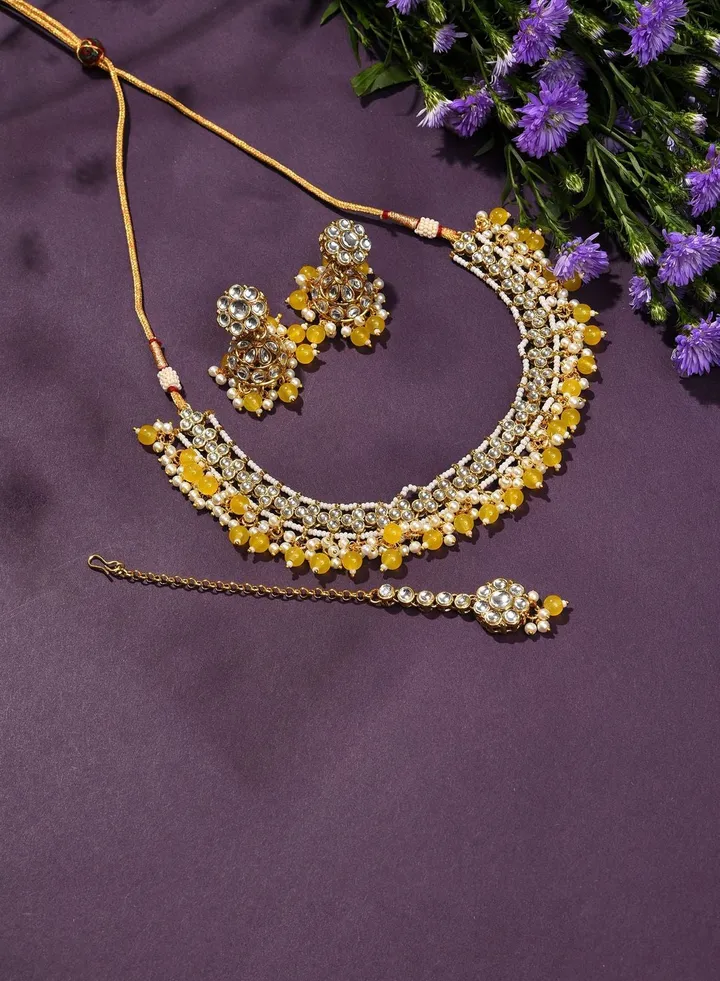 Gold Plated Designer Stone Beaded Necklace, Earrings and Maang Tikka Set