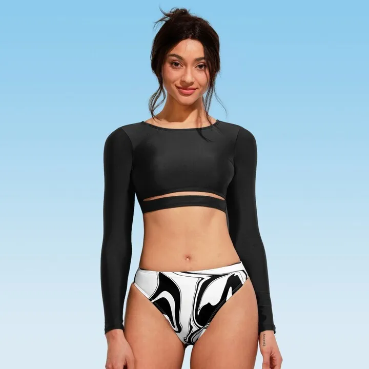 Women's Cutout Long Sleeve Crop Top Bikini Set - Cupshe - Black-L