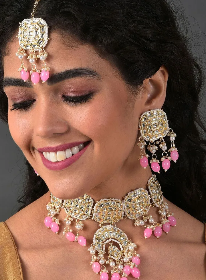 Gold Plated Kundan & Beads Necklace, Earrings and Maang Tikka Set