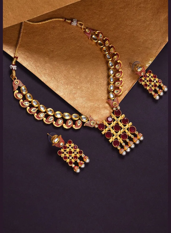 Gold Plated Designer Kundan Necklace and Earrings Set