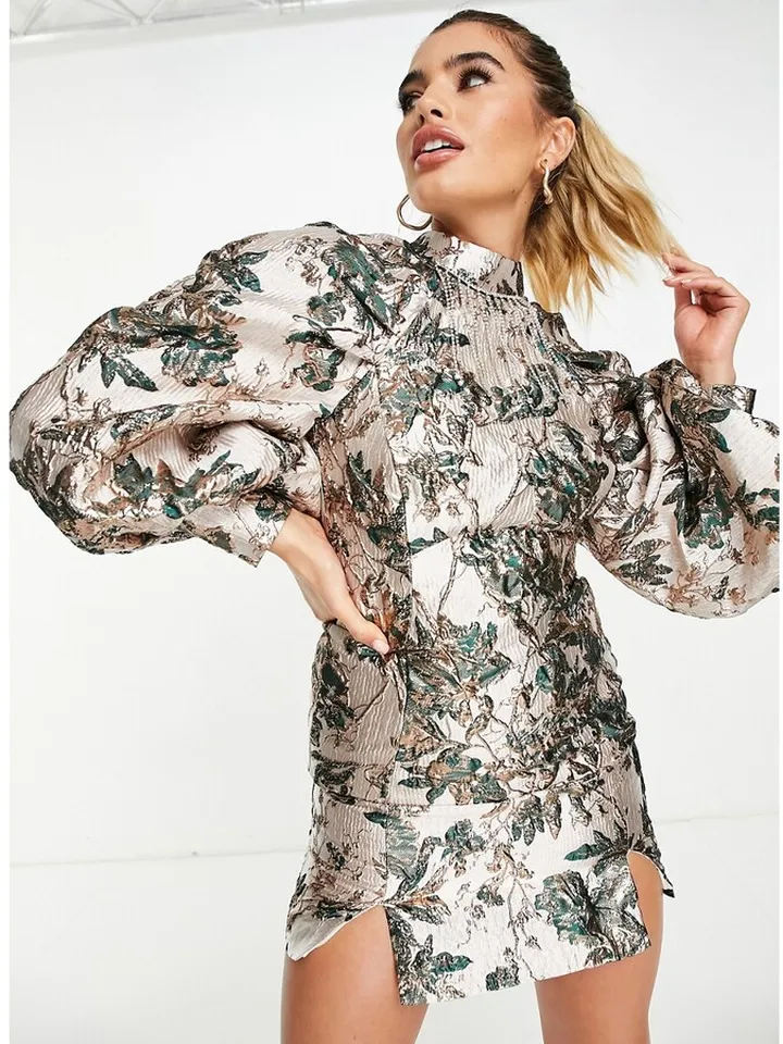 ASOS LUXE jacquard volume sleeve mini dress with crystal trim detail in rose gold