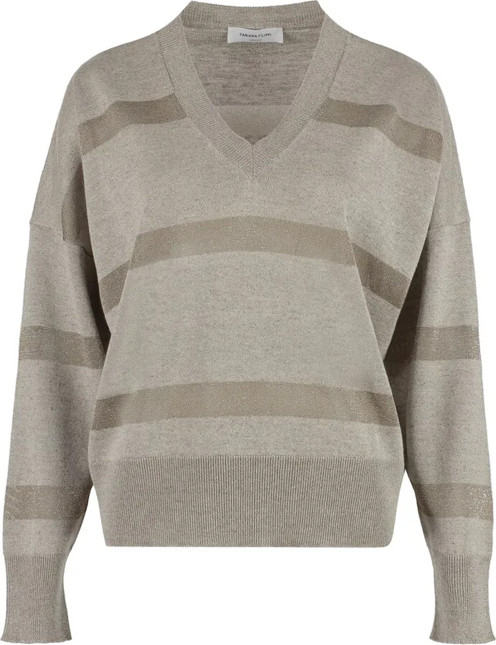 Glitter Embellished V-neck Stripe Sweater